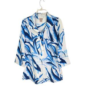 Chicos Womens Blue Leaf Button Up Linen Tunic‎ Blouse 3/4 Sleeve Size 8/10